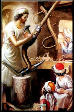 Jesus carving Yokes for oxen